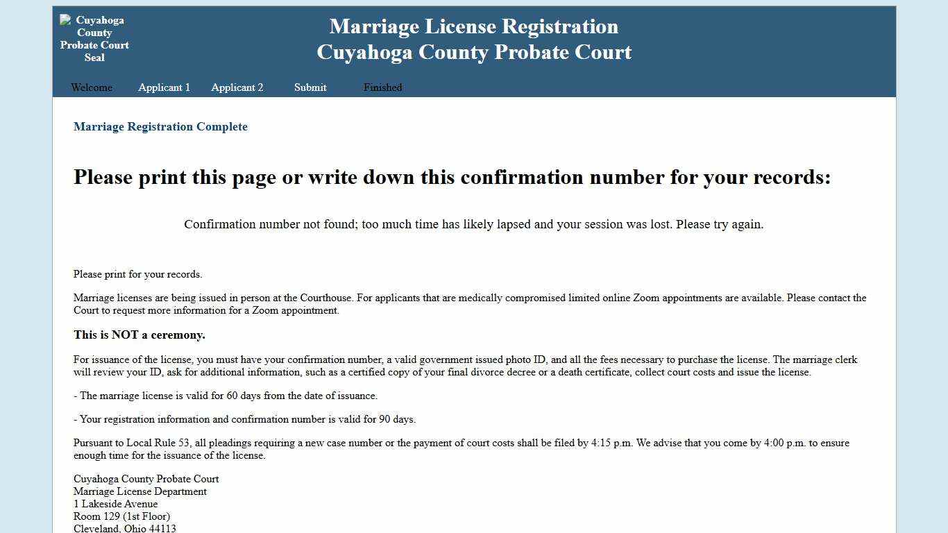 Application submission confirmation page