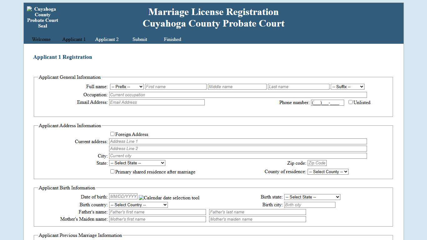 Applicant 1 registration page
